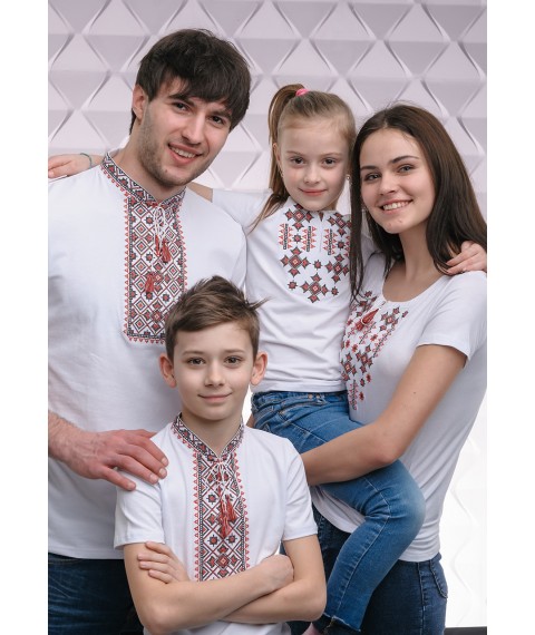 A set of embroidered shirts for the whole family in white with red embroidery "Star Shine"