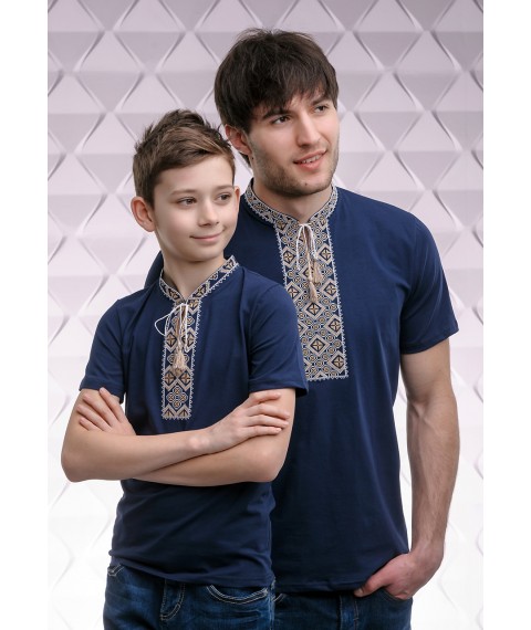 Set of embroidered T-shirts for father and son "Cossack (beige embroidery)"