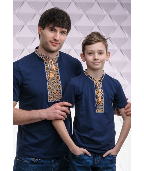 Children's dark blue T-shirt with “Cossack (golden embroidery)” embroidery 122