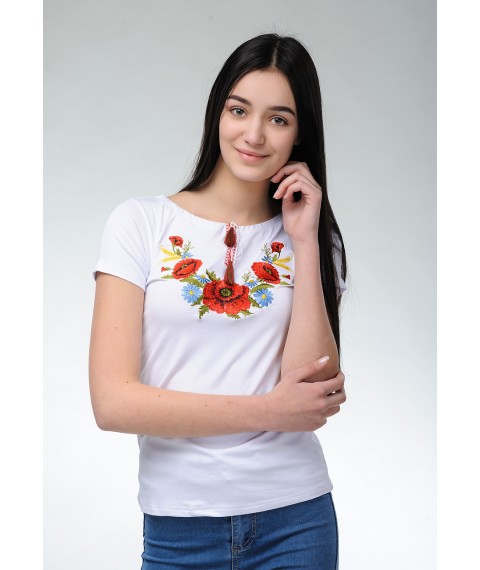 Красивая белая женская вышитая футболка с коротким рукавом «Мак и ромашка»