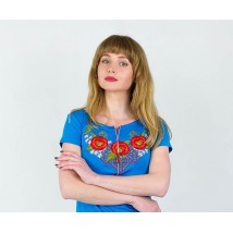 Blue women's T-shirt with embroidery with flowers and short sleeves "Miracle poppies"