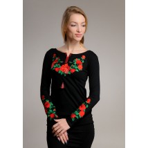 Черная женская вышитая футболка с длинным рукавом с цветами «Роза»