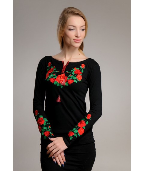 Black women's embroidered long-sleeved T-shirt with flowers "Rose"