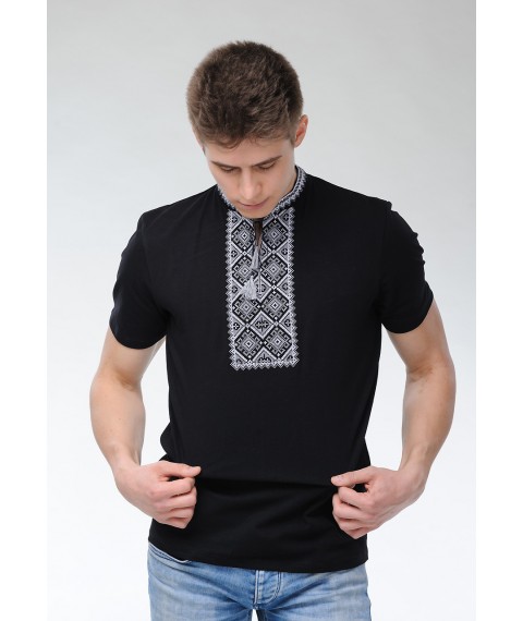 Discreet men's T-shirt with short sleeves in black “Atamanskaya (gray embroidery)” 3XL