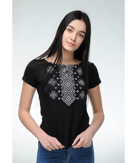 Women's black embroidered shirt with short sleeves “Carpathian ornament (gray embroidery)” 3XL