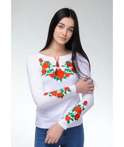 Modisches weißes Damen Langarm T-Shirt mit Blumenstickerei „Rose“ S