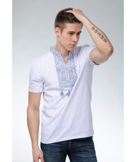 Мужская вышиванка с коротким рукавом белого цвета «Король Данило (синяя вышивка)» XL