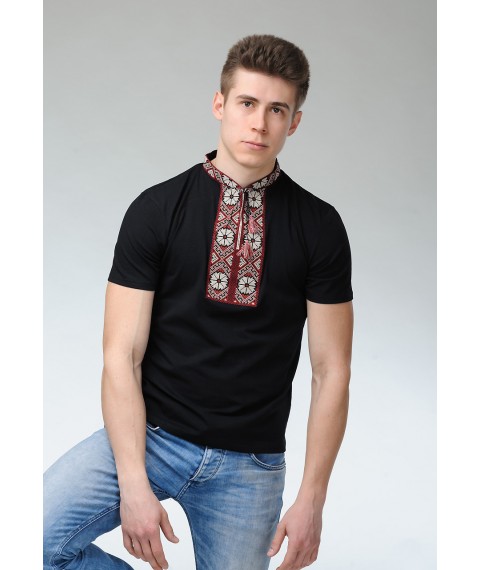 Молодежная вышитая футболка для мужчины черного цвета «Солнышко (вишневая вышивка)» S