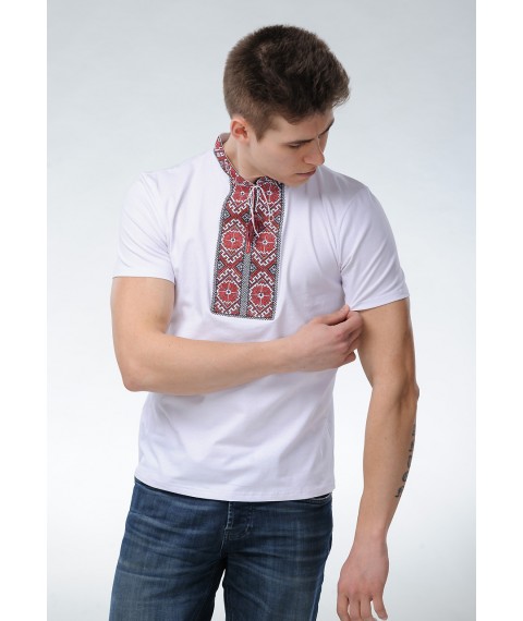 Классическая мужская вышитая футболка белого цвета «Солнышко (вишневая вышивка)» M