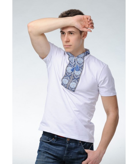 Мужская вышитая футболка с коротким рукавом в этно стиле «Солнышко (голубая вышивка)» S