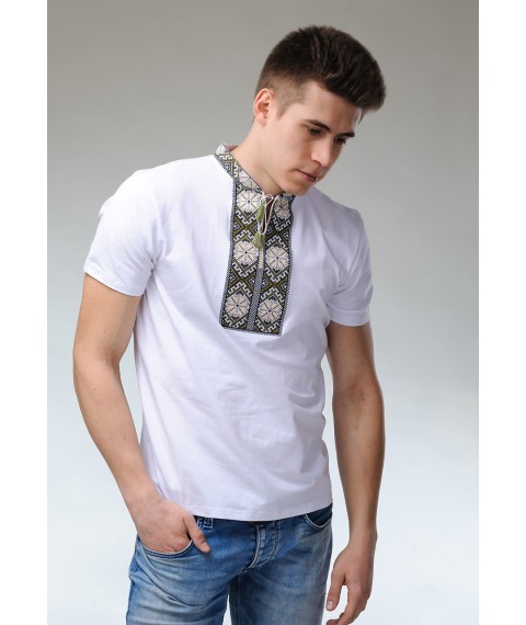 Модная мужская вышиванка с коротким рукавом «Солнышко (белая вышивка)» M