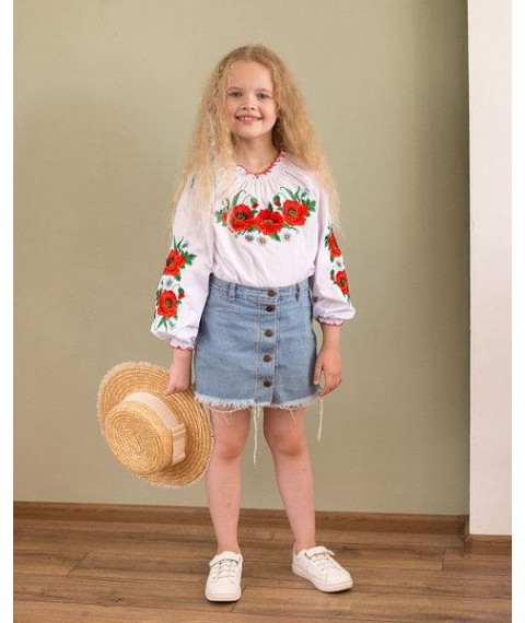 Embroidered shirt for girls with poppies and puffy sleeves "Poppy field"