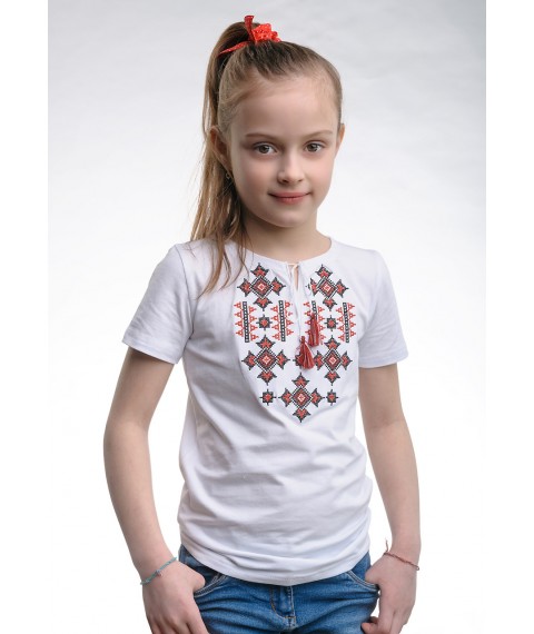 Вышитая футболка для девочки белого цвета с геометрическим орнаментом «Звездное сияние (красная)» 104