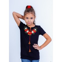 Стильная футболка для девочки черного цвета «Маки-ромашки» 128