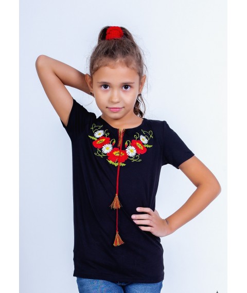 Стильная футболка для девочки черного цвета «Маки-ромашки» 116