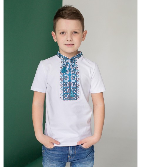 Embroidered T-shirt for boy with short sleeves Dem'yanchik (blue embroidery) 152