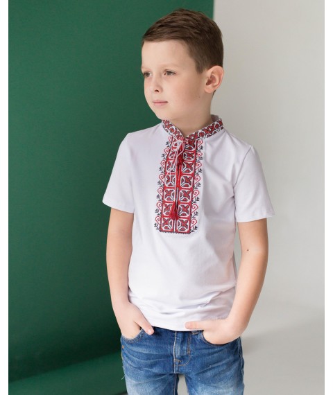 Вышитая футболка для мальчика с коротким рукавом Дем'янчик (красная вышивка) 134