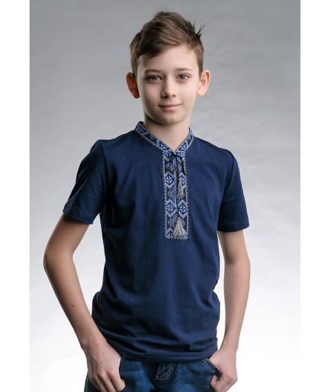 Классическая детская футболка с вышивкой «Казацкая (синяя вышивка)» 146