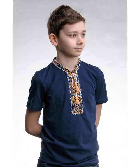 Детская футболка темно-синего цвета с вышивкой «Казацкая (золотая вышивка)» 146