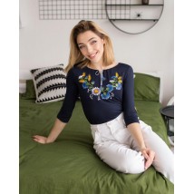 Women's embroidered T-shirt with 3/4 sleeves "Wreath" dark blue