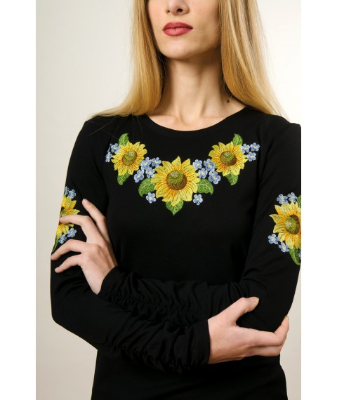 Beautiful women's black tunic with long sleeves "Sunflowers"