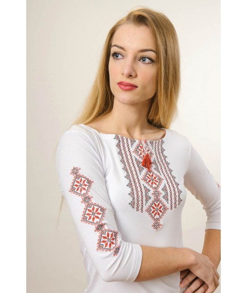 Besticktes Damen T-Shirt mit weißen 3/4 Ärmeln mit rotem Ornament „Hutsulka“ S