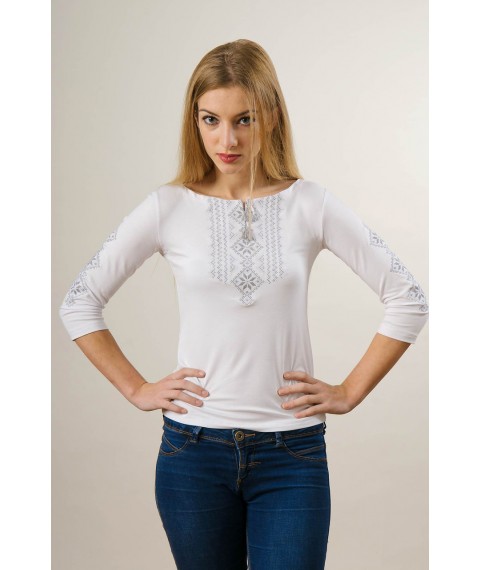 Besticktes Damen-T-Shirt mit 3/4 Ärmeln weiß auf weiß „Hutsulka“ XL