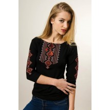 Youth women's embroidered T-shirt with 3/4 sleeves in black with red “Hutsulka” ornament