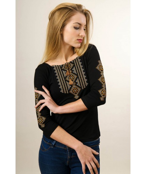 Besticktes Damen-T-Shirt mit 3/4 Ärmeln in Schwarz mit braunem geometrischem Ornament „Hutsulka“ XL