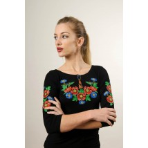 Youth embroidered T-shirt with 3/4 sleeves in black with floral patterns "Voloshkovo field"