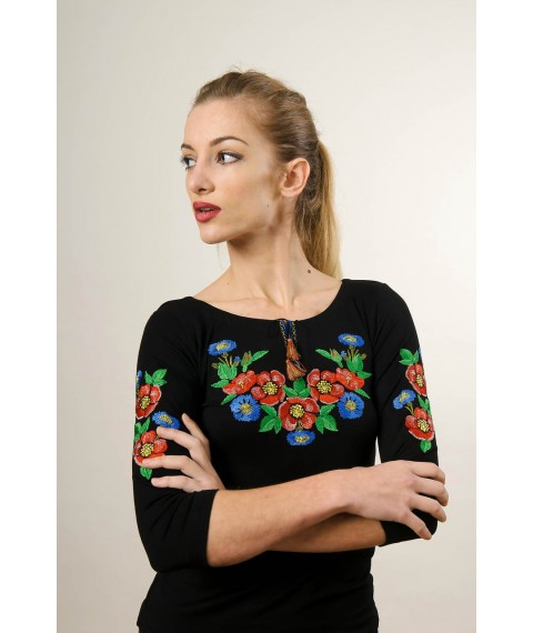 Youth embroidered T-shirt with 3/4 sleeves in black with floral patterns "Voloshkovo field"