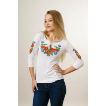 Вышитая футболка для девушки с рукавом 3/4 белого цвета с красным цветочным орнаментом «Волошкове поле»