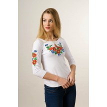 Embroidered T-shirt for a girl with a 3/4 sleeve in white with a red floral ornament "Voloshkovo Pole"