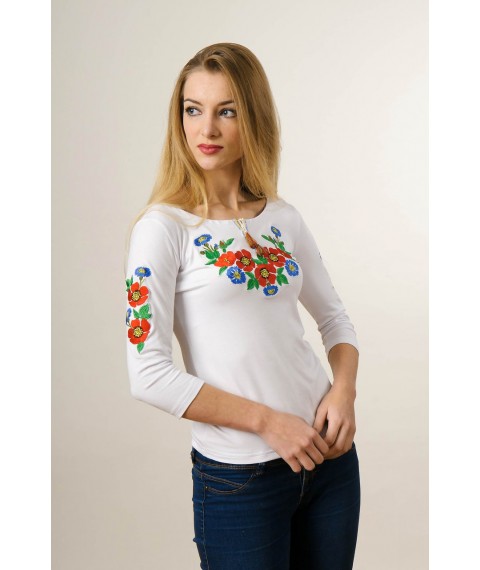 Besticktes T-Shirt f?r M?dchen mit 3/4-?rmeln in Wei? mit rotem Blumenornament "Woloshkovo Pole"