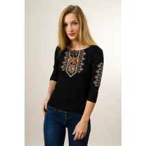 Embroidered T-shirt for woman with 3/4 sleeves in black with red floral ornament "Colored poppies" S