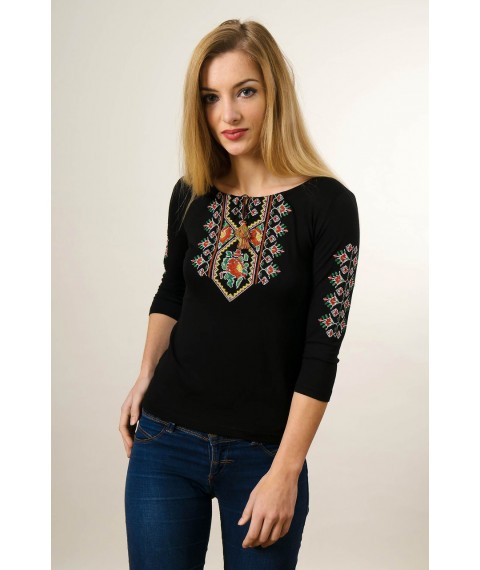 Embroidered T-shirt for woman with 3/4 sleeves in black with red floral ornament "Colored poppies" S