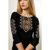 Embroidered T-shirt for woman with 3/4 sleeves in black with red floral ornament "Colored poppies" S