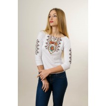 Women's embroidered T-shirt with 3/4 sleeves in white with a red floral ornament "Colored poppies"