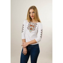 Women's embroidered T-shirt with 3/4 sleeves in white with a red floral ornament "Colored poppies"