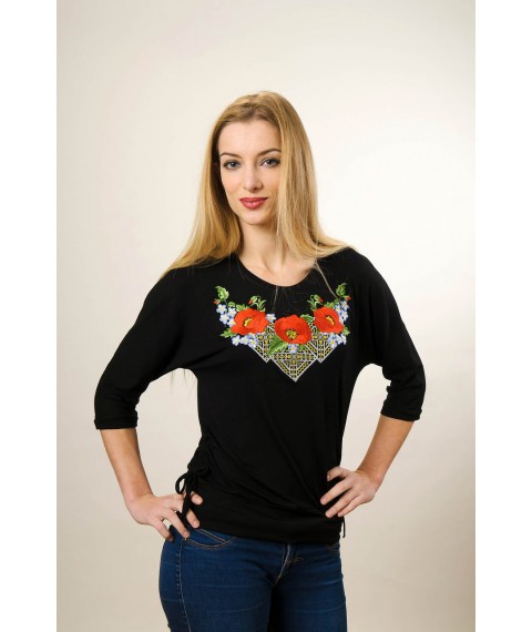 Youth embroidered T-shirt with 3/4 sleeves in black with floral patterns "Miracle poppies"