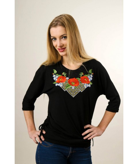 Youth embroidered T-shirt with 3/4 sleeves in black with floral patterns "Miracle poppies"