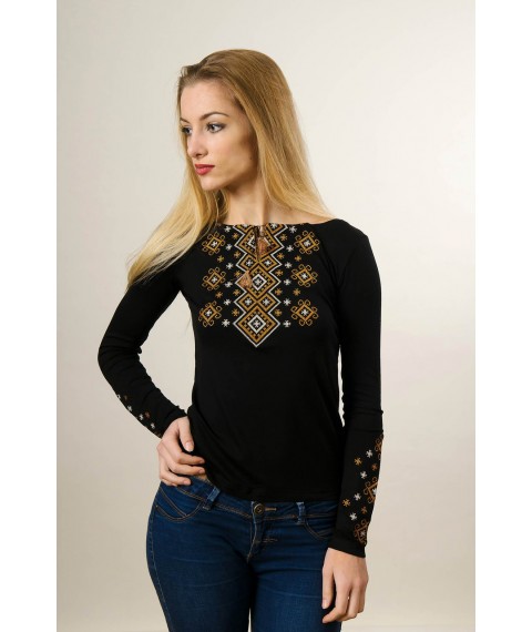 Women's embroidered shirt with long sleeves in black “Carpathian ornament (brown embroidery)”