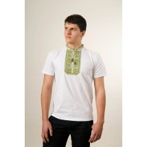 Оригинальная мужская вышиванка с коротким рукавом в белом цвете «Гладь (зеленая вышивка)»