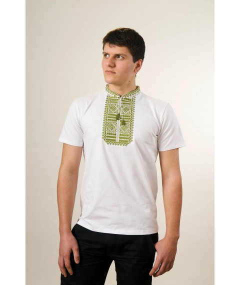 Original men's embroidered shirt with short sleeves in white "Satin stitch (green embroidery)"