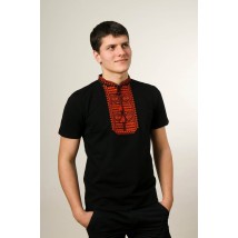 Черная мужская вышитая футболка с коротким рукавом «Гладь (красный орнамент)» M