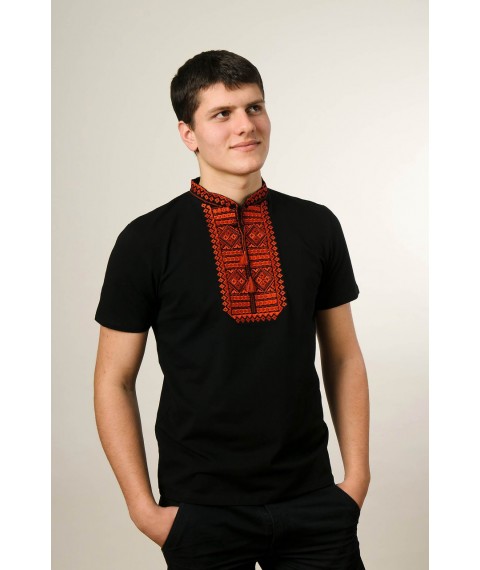 Черная мужская вышитая футболка с коротким рукавом «Гладь (красный орнамент)» L