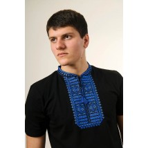 Черная мужская футболка машинной вышивки с коротким рукавом «Гладь (синий орнамент)» S
