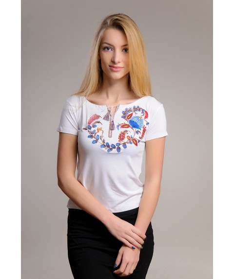 Women's white T-shirt embroidered shirt with a unique ornament "Petrikovskaya painting"