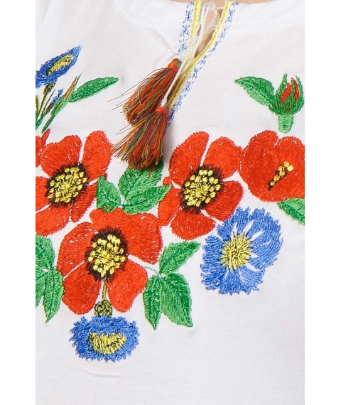 Embroidered T-shirt for a girl with a 3/4 sleeve in white with a red floral ornament "Voloshkovo Pole"