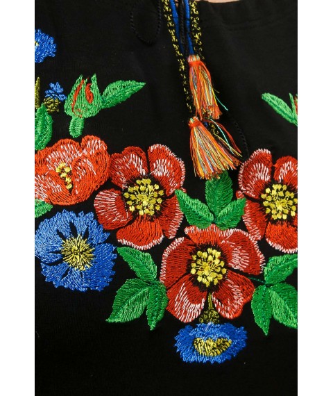 Молодежная вышитая футболка с рукавом 3/4 черного цвета с цветочным орнаментом «Волошкове поле»